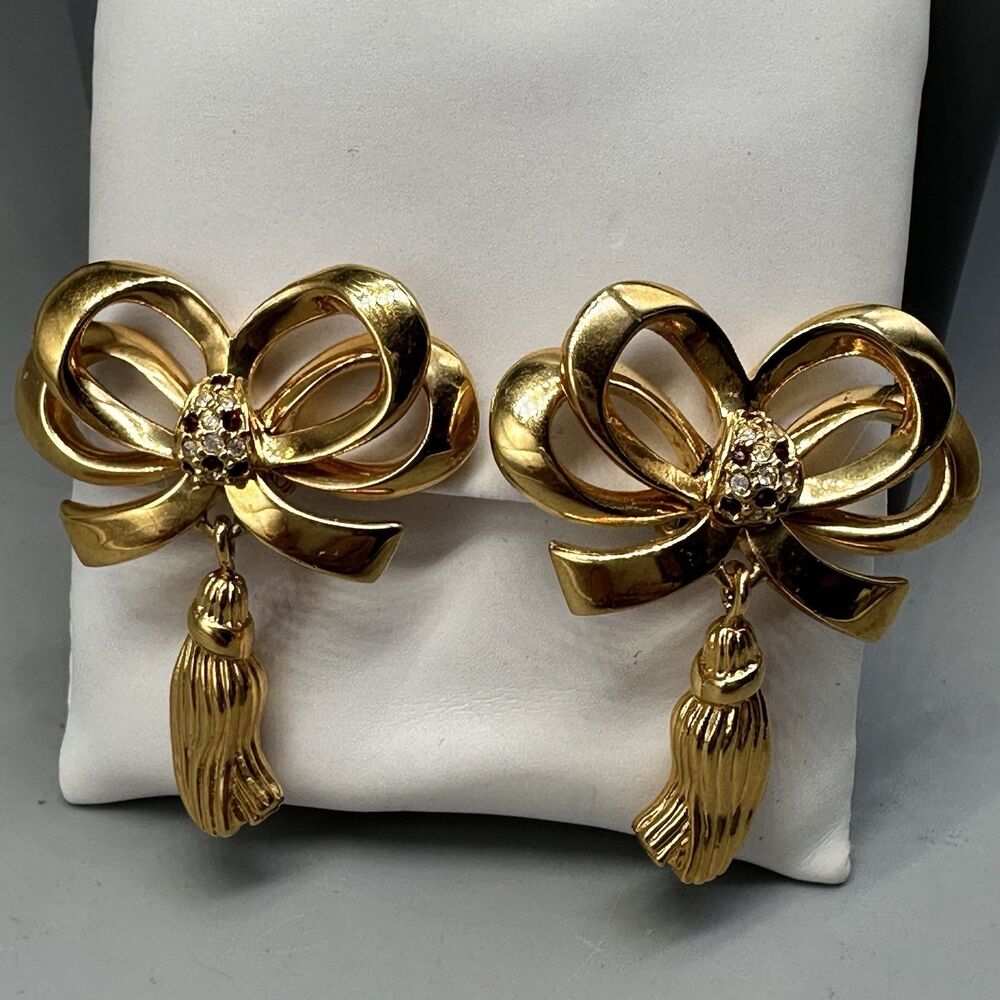 Gold Tone Bow & Tassel Clip Earrings W Pave Crystals Vintage